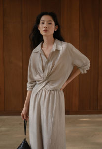 epoque de rueen | Acetate Lustrous Sense Wide Leg Pants Knot Shirt Suit Women Summer