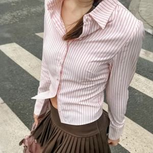 Retro Fashion Womens Striped Slim-fitting Long-sleeved Single-breasted Office Top 2026 Autumn New College Casual Short Shirt