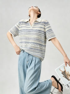 GULILI | Stripe Color-block Polo-collar Knitted T-Shirt