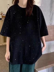 plus Size 300 Pounds Pure Cotton Glitter Short Sleeve Womens T-Shirt Summer Loose Slimming Casual Couples Top