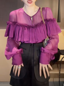 SHUAIYUE | Áo Blouse Tím Tay Dài Kiểu Pháp Kết Hợp Voan