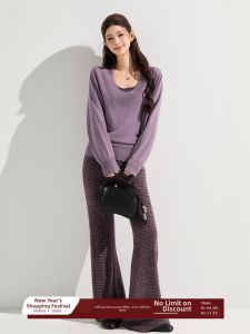 THROUS | Bộ Áo Poncho Len Dệt Kim Cổ Trụ Dạng Cánh Dơi Cổ Chữ U Có Sọc và Quần Palazzo
