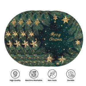 VIKAMA Xmas Poinsettia Bell Berry Evergreen Wreath Placemat Cream Base Scalloped Edge Red Blossom Golden Holly Festive Table Mat
