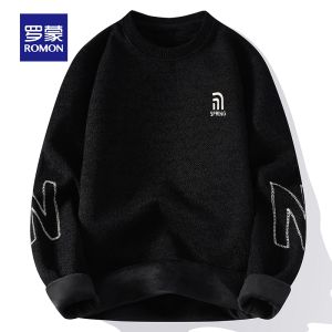 ROMON | Loomen Mens Fleece Lined Knitwear Casual Loose Round Neck Pullover Warm Base Layer Shirt Fashionable Urban Style Winter Season