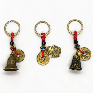 Feng Shui Five Emperor Coins Keychain Vintage Aged Look Bell Fortune Cat Lucky Charm Red Rope Car Key Ring Bag Charm Amulet Gift