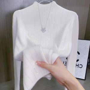 Fashionable High-end French Design Slim Fit Half-high Collar Crystal Embellished Knit Top