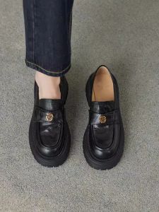 Euchetti Genuine Leather round Toe Camellia Slip-On Loafers Womens College Style Mini Leather Shoes Thick Bottom Single Shoes