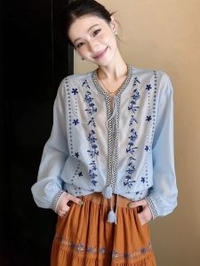 SHANGSHA | Summer Elegant Light Luxury Age-Defying Blue Floral Sunscreen Shirt