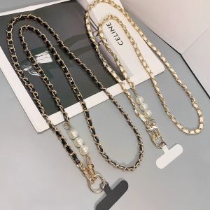 Pearl Leather Chain Mobile Phone Strap Long Crossbody Anti-Loss Shoulder Cord with Metal Pendant for Women