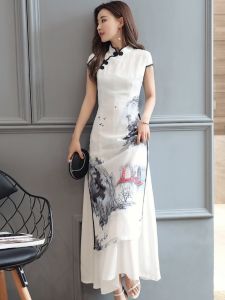 Young Style Cheongsam Long Midi Dress Summer 2025 Chinese Landscape Painting Print Maternity Friendly Retro Chinese Style Dress