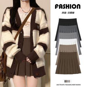 Khaki A-Line Mini Skirt Womens High Waist Pleated Short Skirt Slimming Spring Autumn Winter JK Skirt Korean Style Commute