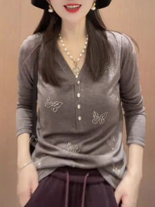 UYFY | เสื้อสเวตเตอร์ถักสีเทาผีเสื้อไซส์ใหญ่ดีไซน์เก๋ไก๋สำหรับผู้หญิงในฤดูใบไม้ร่วงปี 2025 เสื้อคลุมยาวถึงข้อศอกคอวีแขนยาว