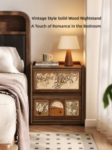 Antique Style Walnut Wood Bedside Table Storage