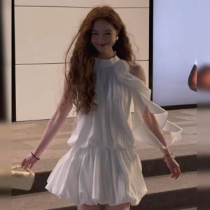 QINWEIYU | French Style Black Sleeveless Neck Hanging Dress Women Summer New Small Size Matching Puff Short Skirt Sweet High Waist A-Line Dress