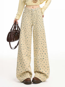 Retro Khaki Floral Wide Leg Jeans Womens Loose Slimming Drapey Straight Cut Trendy Cotton Denim High Waist Zipper Pocket