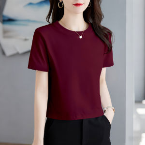 LINGLONGDAI | Slimming Round Collar Wine Red Short Sleeve Top