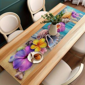 【Summer Beach】Shell & Frangipani & Palm Leaf Table Runner Soft & Durable Party & Picnic Decor