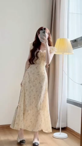 QC_Đầm nàng thơ váy thiết kế mặc hè đầm Xốp hoa dáng dài tay cánh tiên buộc dây cổ V kèm lót xinh