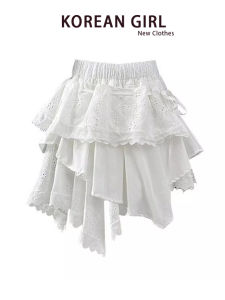 Váy Ngắn Chữ a Ren Trắng Không Đều Cho Nữ Mùa Thu Váy Ngắn Xếp Ly Phồng Váy Chữ a Cạp Cao Không Cần Quấn