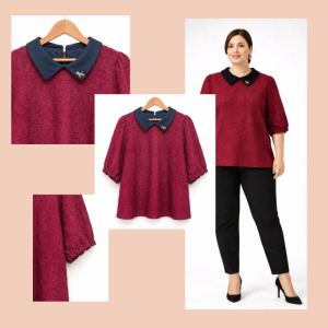 Allure Plus Clothing MADIE Blouse Red Textured Blouse with Black Collar and Beaded Brooch