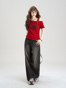 American Style Slim Fitting Red Slanted Collar Short Sleeve T-shirt