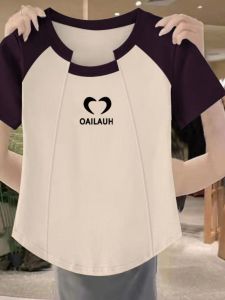 Áo Thun Cotton Tay Ngắn Cổ Tròn Họa Tiết Xương Cá Mùa Hè Mới Không Đều Màu Áo Thun Nữ Dáng Ôm Phong Cách Hàn Quốc