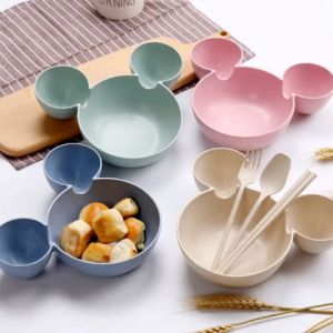 Bộ Chén Bát Ăn Dặm Hoạt Hình 3 Ngăn Kèm Đũa Muỗng Nĩa Cho Bé Chất Liệu Nhựa Lúa Mạch An Toàn Chịu Nhiệt Cao