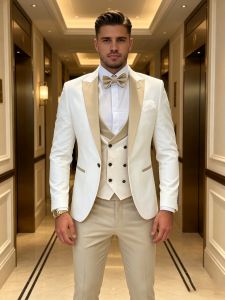 New 3PCS Jacquard Men Wedding Suits Peak Lapel Blazer Vest Pants Set Slim Fit Business Suits Costume Homme For Party Prom Dinner