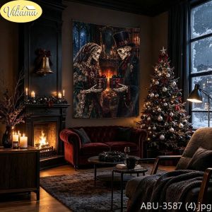 VIKAMA Dark Santa Skeleton Steampunk Antique Key Wall Tapestry Noir Victorian Gear Clockwork Festive Room Home Decor Artistic