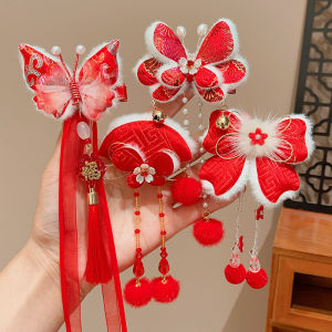 New Year Hanfu Hair Accessories Childrens Butterfly Knot Hair Clips Little Girl Tassel Flowery Hairpins Baby New Year Ancient Style Hair Decorations