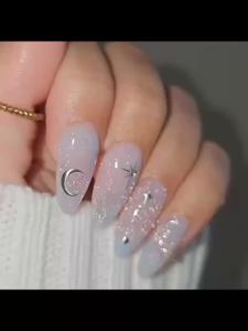Medium fake nails for women almond cat eyes nail tips with silver blue sparkling glitters moon star design press on false nails