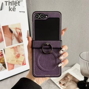 Ốp Điện Thoại Từ Tính Kết Cấu Da Vải Thiều Cổ Điển Có Bản Lề Cho Samsung Galaxy Z Flip Vỏ Cứng Chống Sốc Có Giá Đỡ Vòng