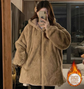 Lamb Wool Hood Cotton-padded jacket Outerwear Women Autumn and Winter Fleece-lined Thickened Loose Plush Cotton-Padded Coat Furry Warm Cotton-Padded Jacket