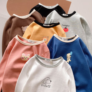 Pure Cotton Long Sleeve T-Shirt Childrens Basic round Neck Spring Autumn Cartoon Top Boys Girls Base Layer Shirt