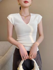 French Style Ice Silk V-Neck Short Sleeve Knitted Slim Fit T-Shirt Womens Summer Top Small Flying Sleeve Base Layer Shirt