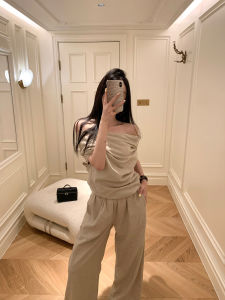 Good Morning Fan Fan Comfortable Linen Set Women Summer Side Shoulder Pleated Top Straight Leg Pants Two Piece Set