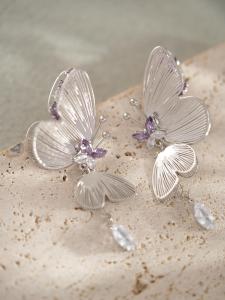 Elegant Butterfly Ear Cuff with Purple Zircon Stone Vintage Court Style Fresh out Fashion Jewelry for Women Alloy Plated Silver