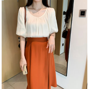 AMILUCK | Womens Loose Bubble Sleeve V-neck Chiffon Top Half Sleeve Beautiful Pleated T-shirt Trendy Slimming Bubble Sleeve Blouse