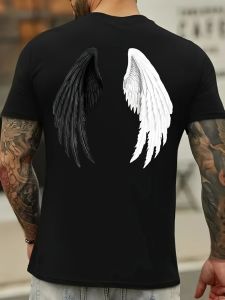 New hot selling mens loose comfortable breathable round neck T-shirt with angel wing print pattern outdoor trendy top