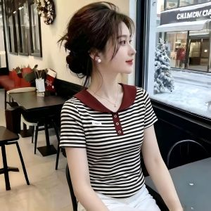 YOUFAN | Doll Collar Striped Short Sleeve Lightweight Tee