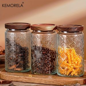 KEMORELA 1PC 700ml/1000ml Vintage Glass Storage Jar with Airtight Wooden Lid - Perfect for Tea Coffee Sugar Candy Cookies Spices