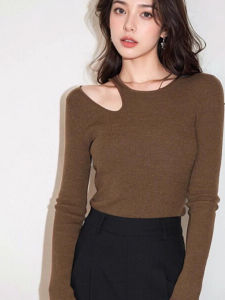 chaqi | Fashionable Hollow Out Design Long Sleeve T-Shirt Knitted Base Layer Autumn Winter Slim Fit Korean Style Round Neck Top For Girls