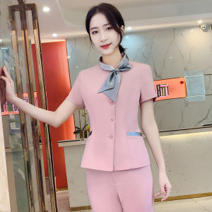 ผู้หญิง ธุรกิจ ชุดสูท ชุดผีเสื้อ โบว์ แขนกลาง ทันสมัย ชุดทํางานสําหรับร้านเสริมสวยโรงแรมแผนกต้อนรับชุด