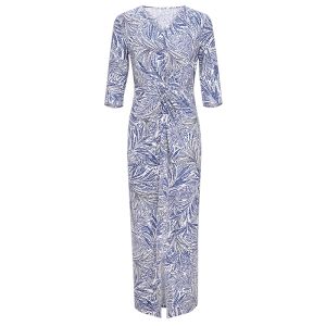 MY TENO | Summer New Blue Floral Print Dress Knot Waist Slim Long French Style Womens Elegant Polyester Spandex Blend V Neck Sleeveless