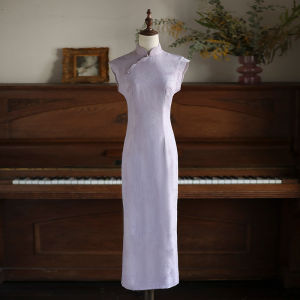 Young Womens Summer Thin New Chinese Style Sleeveless Long Qipao Dress Purple Floral Print Daily Wear Comfortable Cotton Dress