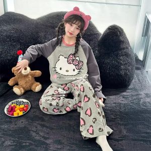 New 2025 Cotton Pajamas for Girls Long Sleeve Spring Autumn Kitty Cat Design Childrens Home Clothes Soft Breathable Moisture Wicking