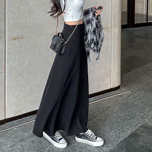 Black A-Line Midi Skirt Womens Slim Fit Long Skirt Draping Style High Waist Summer 2024 Fashion plus Size Solid Color Skirts