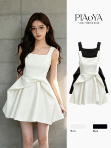 PIAOYA | White French Style Drape Slimming Bow Dress