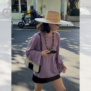 Áo Thun Chống Nắng Tay Dài Màu Tím Phong Cách Hàn Quốc Mùa Hè Rộng Rãi Thoải Mái Áo Khoác Máy Lạnh Áo Thun Nữ Cổ Tròn Màu Trơn