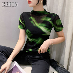 REHIN New stylish half-high collar mesh Camouflage print short sleeve T-shirt  slim-fit trendy womens top